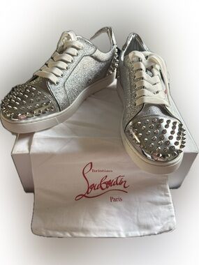 Christian Louboutin Silver Glitter Louis Junior Spikes Low Top Sneakers .unisex